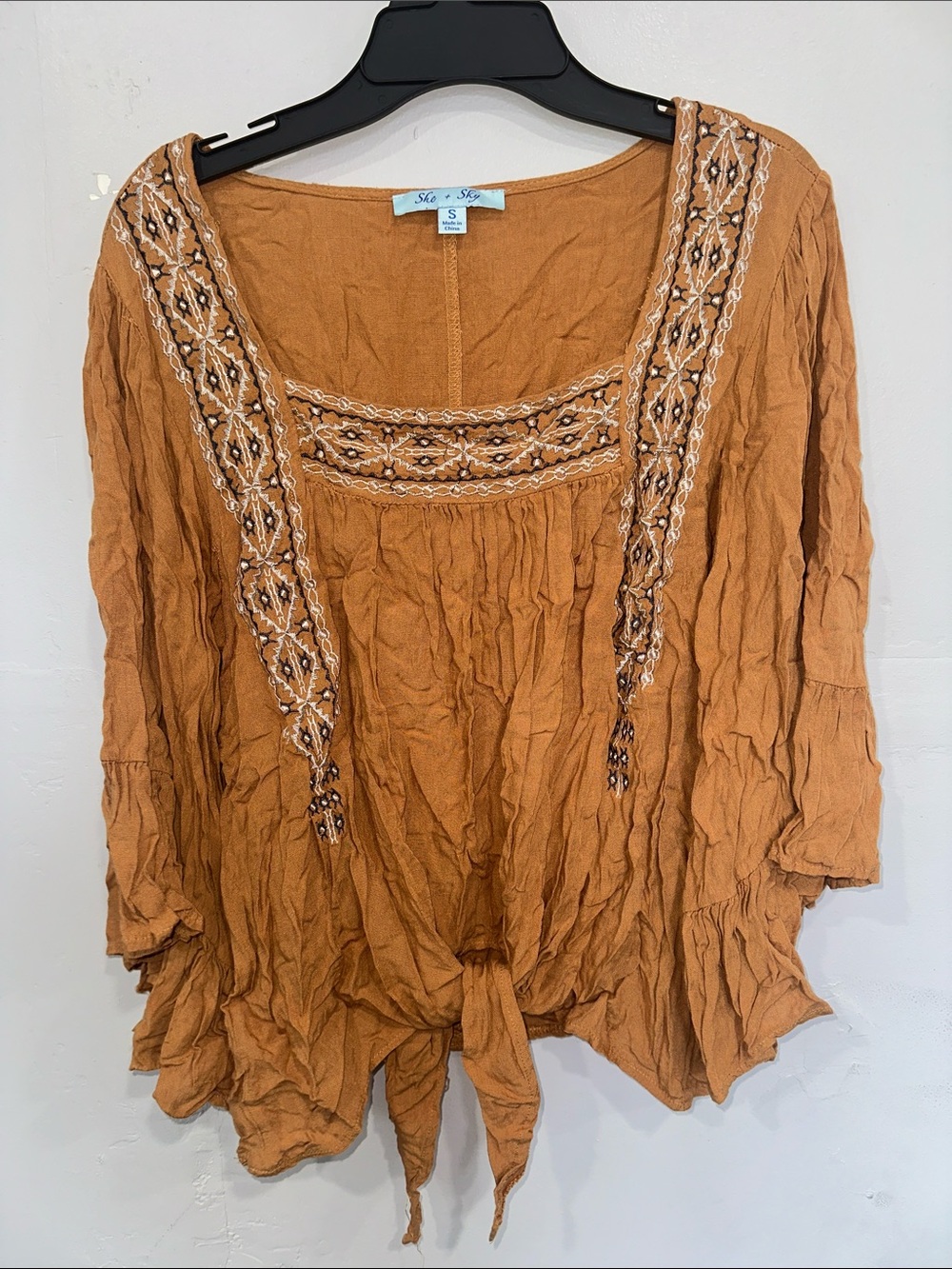 She + Sky Rust Orange Embroidered Tie-Front Tunic